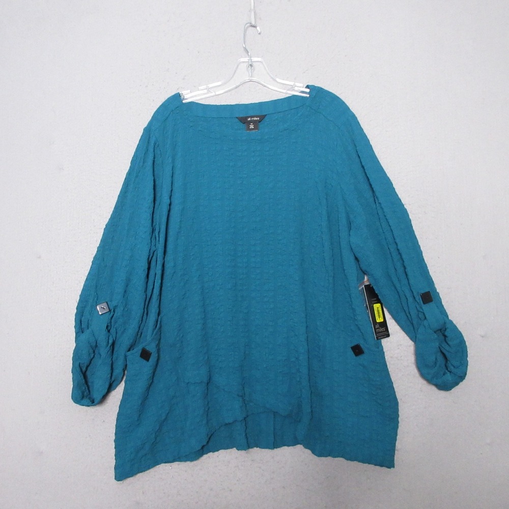 Ali Miles Top 1X Blue Textured Lagenlook Roll Tab Relaxed Fit Button Artsy NWT